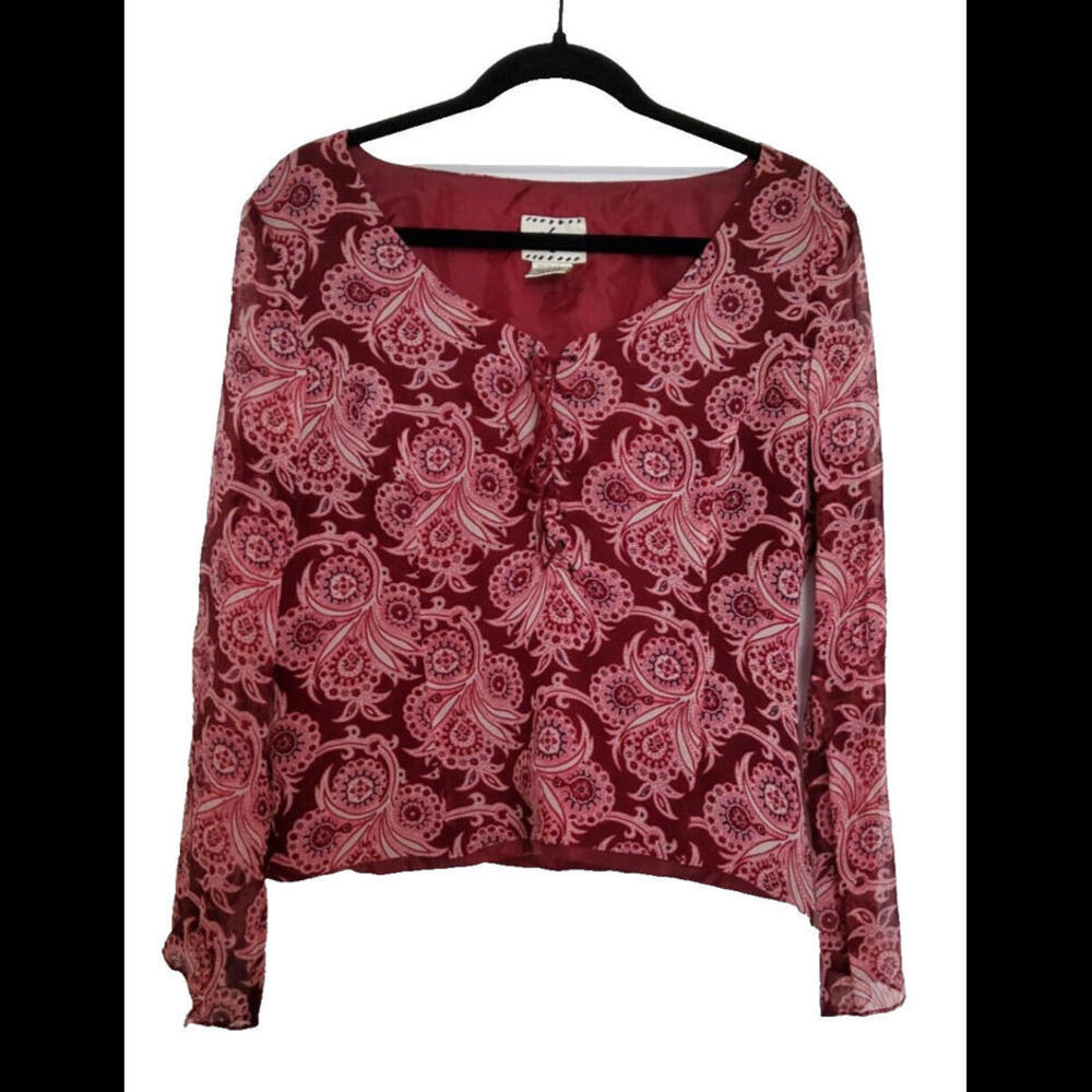 Ice Burgundy Paisley Blouse Tie Front Sheer Flare Sleeve Lined Pink L
